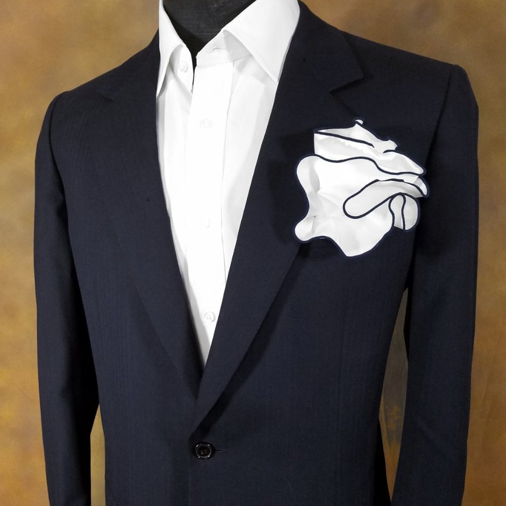 White Satin 2-in-1 Pouf Round Pocket Square with Dark Navy Blue Trim